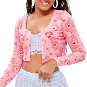 CARE BEAR Pink Cardigan Crop Top Shirt Love Lot Bear Size Small NWT